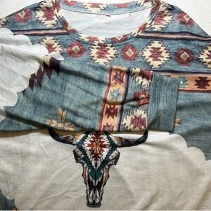 Women's‎ Long Sleeve Shirt XL Aztec Western Print Knit With Skull Graphic